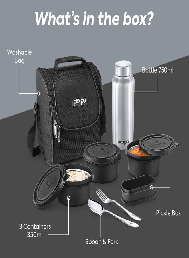PEXPO Ultra Pro Stainless Steel Lunch Box for Office and School - 3 Containers (350ml Each), Water Bottle(750ml) - Silver, Pickle Box, Cutlery with Bag | Leakproof and BPA-Free | RCB Edition - Black - Image 3